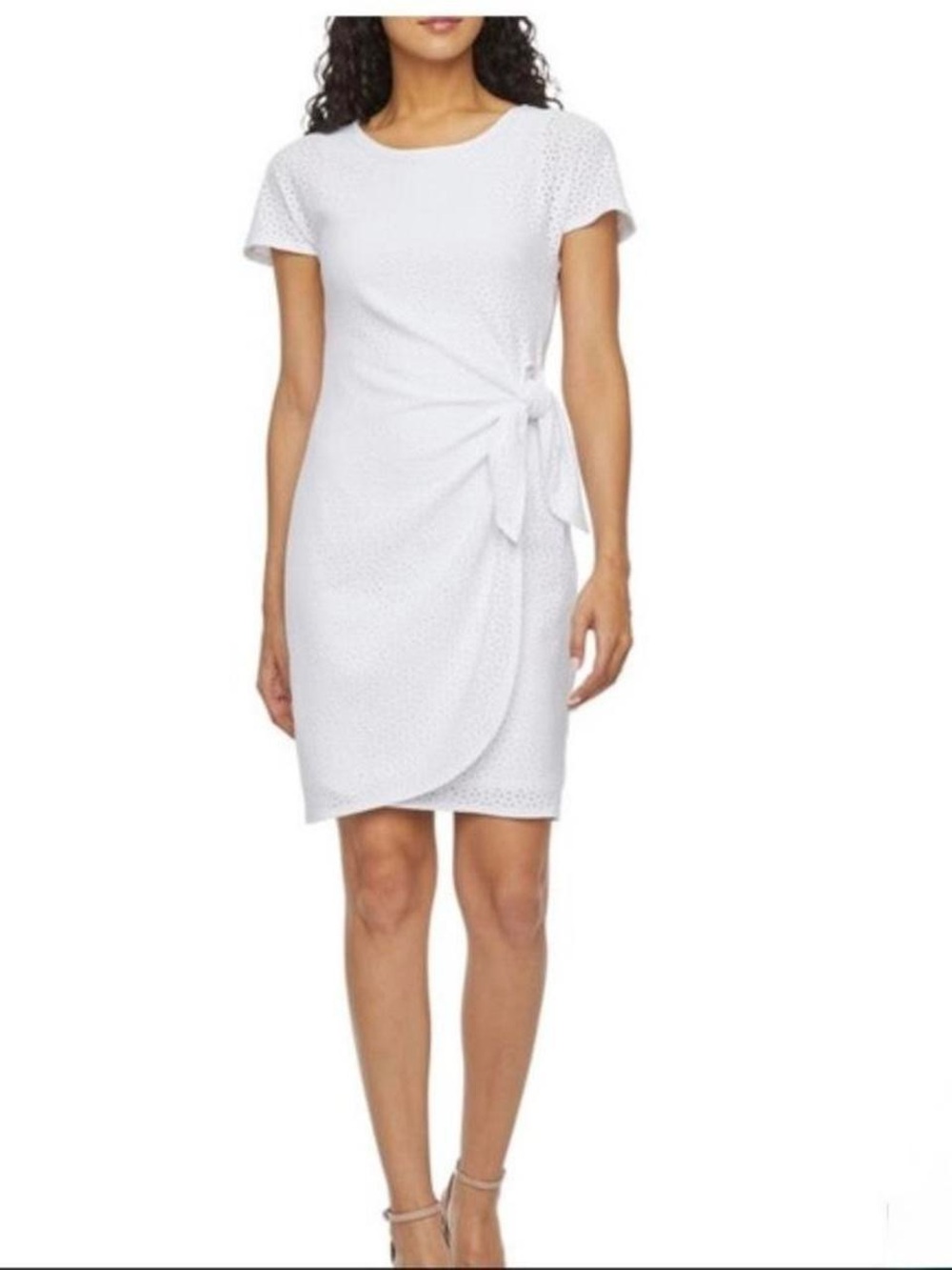 White Tie Knit Short Sleeve Midi Sheath Dress Women's M Wedding Guest Minimalist